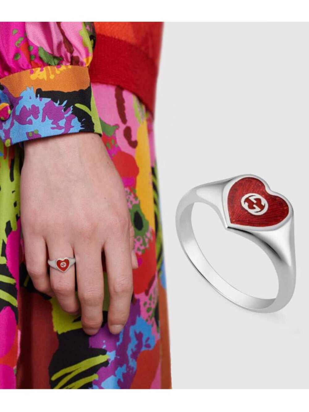 GUCCI RING STERLING SILVER GG LOGO RED ENAMEL HEART sz 15 US 7 1/4